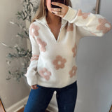 White/Pink Quiet Bloom Half Zip Sweater