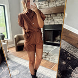 Rust Puff Sleeve Button Up Romper