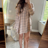 Autumn Days Mocha Mineral Washed Plaid Long Sleeve Dress
