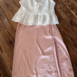 Dusty Pink Embroidered Satin Midi Skirt