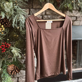 Brown Metallic Square Neck Top