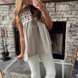 Pale Gray High Neck Sleeveless Crochet Top