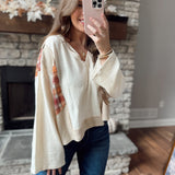Rustic Cream Multi Plaid Patch Work V-Neck Cropped Knit