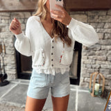 Ivory V-Neck Lace Trim Button Down Sweater