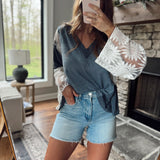 Sunni Indigo V Neck Floral Lace Wide Sleeve Top