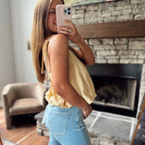 Dusty Yellow Bubble Hem Cut Out Back Tie Shoulder Top