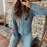 Denim Flower Embroidered Cable Sweater Top