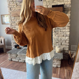Sepia Lace Trim Thermal Knit Top