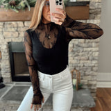 Tempt Me Black Mock Neck Sheer Lace Long Sleeve