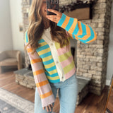 Bright Fantasy Multi Color V Neck Striped Cardi IN STORE