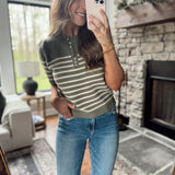 Olive/Cream Striped Balloon Short Sleeve Sweater