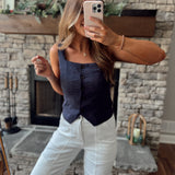 Navy Trendy Babe Linen Square Neck Button Down Sleeveless Top