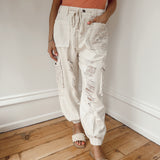 Kasha Oatmilk Crochet Patch Joggers
