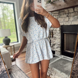 Brielle Blue/White Ribbed Floral Bubble Hem Short Sleeve Top