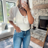 Taylor Ecru Stripe Bubble Sleeve Top