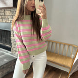 Flirting Fireside Sage/ Pink Crochet Stripe Sweater
