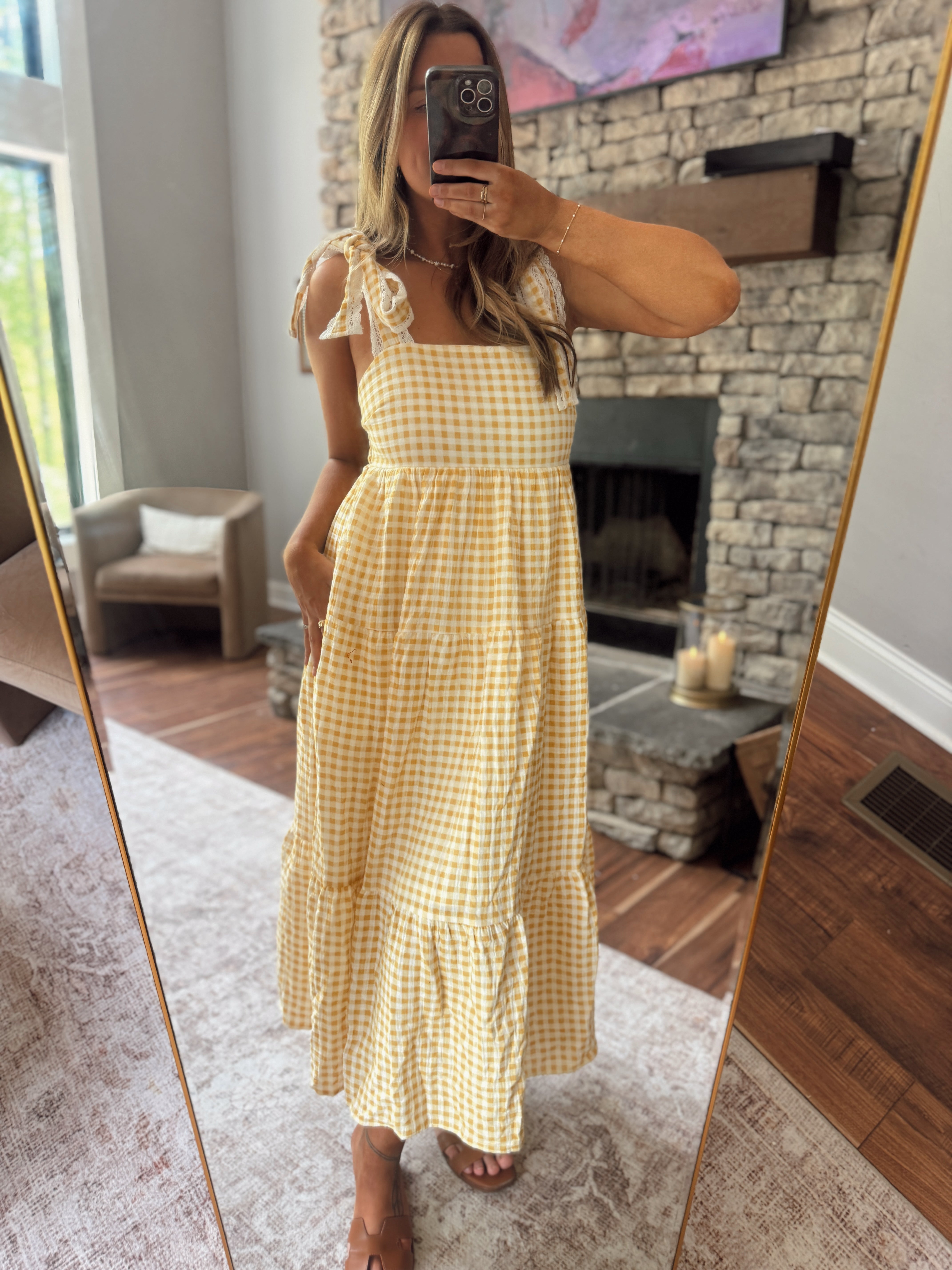 Yellow Gingham Eyelet Trim Maxi Dress