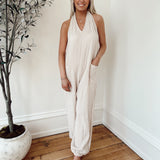 Kara Cream Gauze Halter Jumpuit