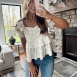 Cecily Floral Embroidered Ruffle Peplum Top