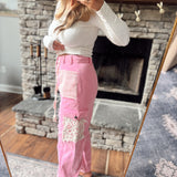 Kasha Barbie Pink Denim Crochet Patch Joggers
