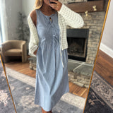Denim Blue Tie Striped Midi Dress