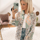 So Delighted Mint Floral Mix Sheer Button-Up