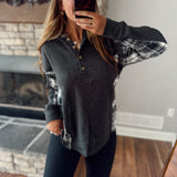 Black Plaid Contrast Longline Hooded Top