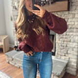 Burgundy Cable Pointelle Puff Sleeve Sweater