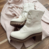 Sleigh Season Ivory Sherpa Fleece Lace up Heeled Bootie