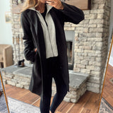 Sophisticated Comfort Black Collared Coat with Contrast Hoodie