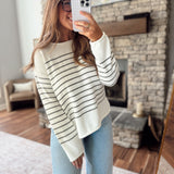 Olive/Cream Striped Rolled Hem Knit Sweater