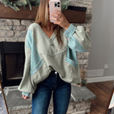 Olive Multi Tracey Stripe V-Neck Pullover Sweater w/ Side Pockets