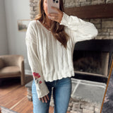 Ivory Flower Embroidered Cable Sweater Top