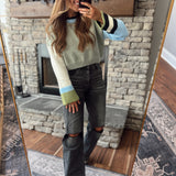 Go Getter Sage/Blue Multi Color Block Round Neck Cropped Sweater