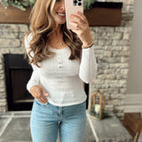 Breann White Pointelle Knit Scoop Neck Henley