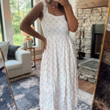 Vivi Pink Bow Pattern Ruched Sleeve Smocked Midi