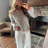 Pink Striped Half Button Sweater