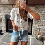 White Collared Embroidered Front Ties Top