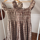 Burgundy Plaid Ruffle Smocked Midi Dress