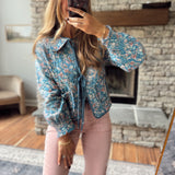 Teal Grannies Love Floral Heart Stitching Quilted Tie Jacket