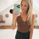 Bria Brown Snap Button Knit Cropped Sleeveless Top