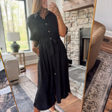 Black Airflow Belted Button Down Midi