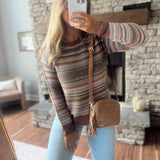 Camel Suede Woven Willow Camera Crossbody Bag