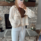 So Coastal Cream Multi Crochet Knit Hooded Cropped Button Down