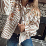 Striped Choco Multi Floral Patch Collared Button Down