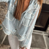 So Coastal Baby Blue Crochet Knit Hooded Cropped Button Down