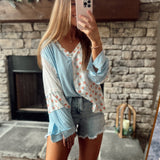 Shelly Sky Blue Multi Floral Print V Neck long Sleeve