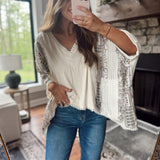 So Tropical Cream V Neck Flowy Short Sleeve Top