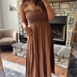 Brown Rhea Sweetheart Smocked Bow Strap Midi