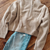Beige Two Tone Half Zip Sweater